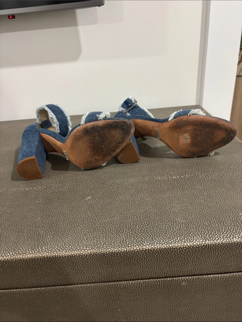 SCHUTZ Frayed Denim Ankle-Strap Block Heels - Blue
